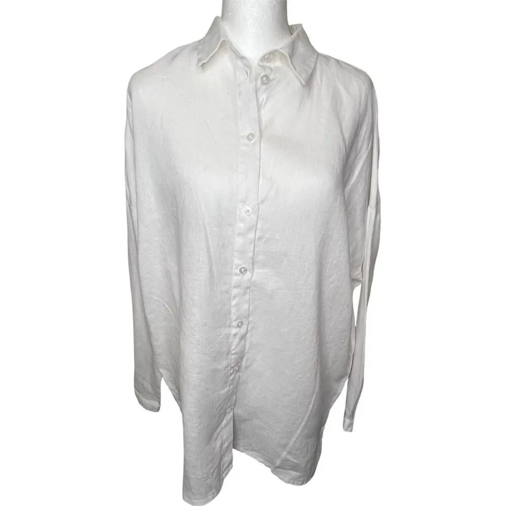 Medicine Classic White Linen Button-Up Clean Girl, Minimalist Tunic Blouse Sz S